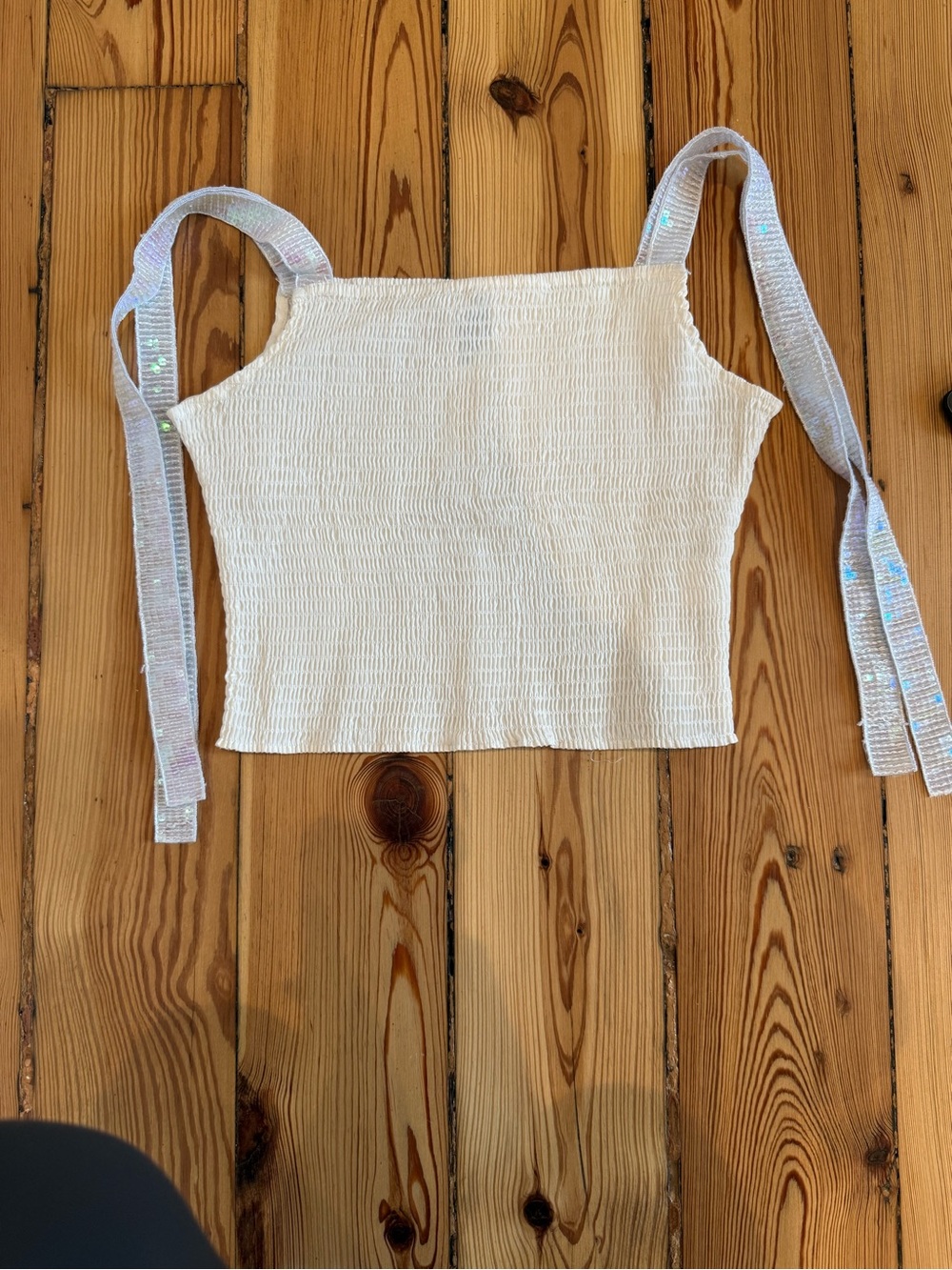 QUEEN OF SPARKLES White Smocked Tie-Shoulder Crop Top